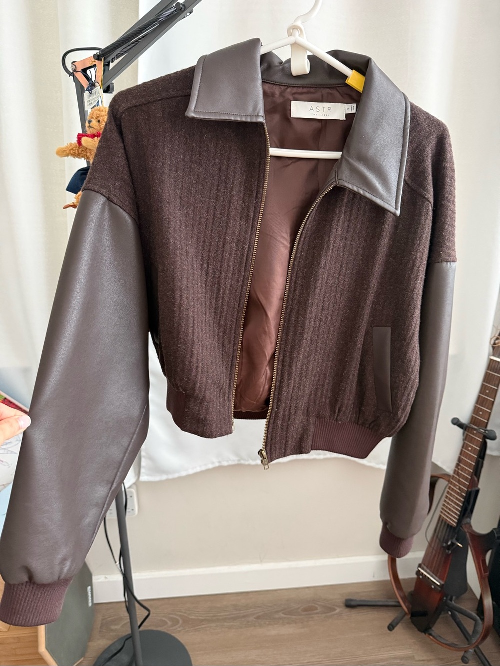 Astr Chocolate Brown Mixed-Media Bomber Jacket
